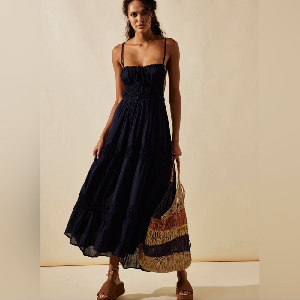 NEW Free People Taking Sides Tiered Cotton Maxi summer Dress Black sz XS